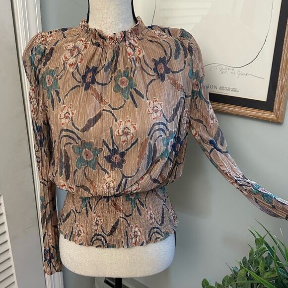 JOIE Womens Blouse Metallic Gold Floral Micro Pleated Smocked Evening Feminine M - Picture 1 of 11